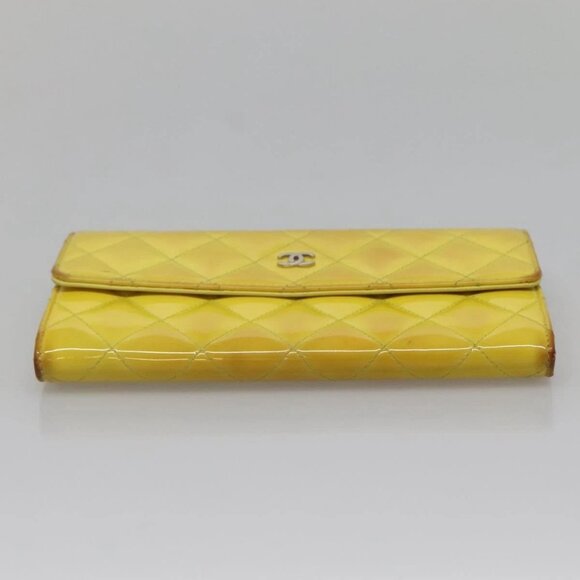 CHANEL Matelasse COCO Mark Long Wallet Patent leather Yellow CC Auth 142043 - Picture 10 of 16
